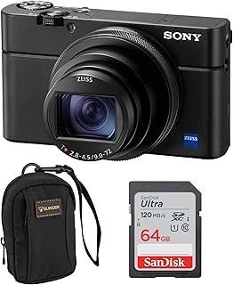 Фотоаппарат Sony RX100 VII Premium Compact с 1,0-дюймовым многослойным CMOS-сенсором (DSCRX100M7), в комплекте с картой памяти 64 ГБ и сумкой для фотоаппарата.