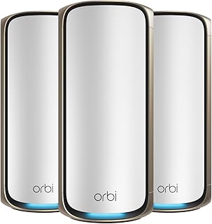 NETGEAR Orbi 970 Series Quad-Band WiFi 7 Mesh Network System (RBE973S), Router + 2 Satellite Extender, Security Features, Up to 27 Gbps, Covering Up to 10 000 sq ft, 200 Devices, 10 Gig Internet Port