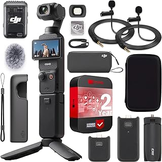 Комплект DJI Osmo Pocket 3 Creator Combo для видеоблогинга с 1-дюймовым CMOS-сенсором, видео 4K/120 кадров в секунду, 3-осевой стабилизацией, отслеживанием лиц/объектов, быстрой фокусировкой, микрофоном Mic 2 в комплекте, кейсом Deco Gear и двумя петличными микрофонами.