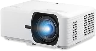 Проектор ViewSonic LS711HD с яркостью 4200 люмен, разрешением 1080p, короткофокусным объективом 0,49 мм, коррекцией трапецеидальных искажений (HV Keystone), регулировкой по 4 углам и проекцией на 360 градусов, подходит для дома и офиса.