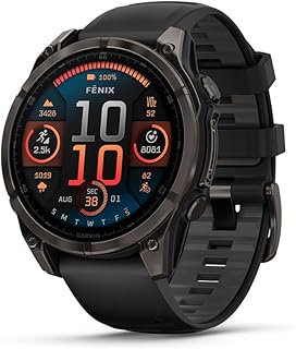 Garmin fēnix® 8 – 47 мм, AMOLED, сапфировое стекло, премиальные мультиспортивные GPS-смарт-часы, длительное время автономной работы, подходят для дайвинга, встроенный светодиодный фонарик, титановый корпус цвета Carbon Gray DLC с ремешком цвета Pebble Gray.