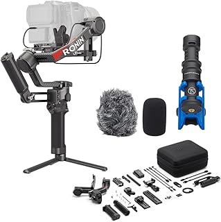 Комплект DJI RS 4 Pro, 3-осевой стабилизатор для цифровых зеркальных и кинокамер, возможность вертикальной съемки, полезная нагрузка 4,5 кг/10 фунтов, передатчик изображения и мотор Focus Pro, конденсаторный направленный микрофон.