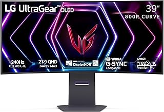 LG 39GS95QE Ultragear OLED изогнутый игровой монитор, 39 дюймов, WQHD 800R, 240 Гц, 0,03 мс, DisplayHDR, True Black 400, AMD FreeSync Premium Pro, NVIDIA G-Sync, HDMI 2.1, DisplayPort, подставка с регулировкой наклона/высоты/поворота — черный