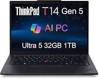 Lenovo ThinkPad T14 Gen 5 Business Laptop (14" FHD+, Intel Core Ultra 5 125U (>i7-1355U), 32 ГБ DDR5 RAM, 1 ТБ SSD), с подсветкой, сканером отпечатков пальцев, 5-мегапиксельной веб-камерой, 3-летней гарантией, Wi-Fi 6E, Windows 11 Pro, 2025 AI PC