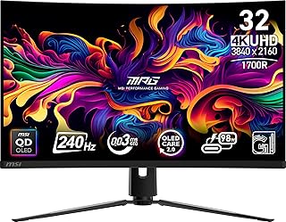 Компьютерный монитор MSI MPG 321CURX QD-OLED, 32 дюйма, разрешение 3840 x 2160 (UHD), 240 Гц, Adaptive-Sync, HDMI, DP, крепление VESA, регулировка наклона, встроенные динамики, время отклика 0,03 мс, черный.