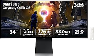 Samsung 34-дюймовый OLED-монитор Odyssey G8 (G85SD) Ultra-QWHD QD-OLED с поддержкой G-Sync, изогнутый, 175 Гц, 0,03 мс, антибликовое покрытие, AMD FreeSync Premium Pro, 3-летняя гарантия, LS34DG856SNXZA, 2024