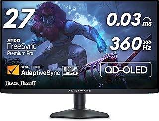 Игровой OLED-монитор Alienware AW2725DF — 26,7-дюймовый дисплей Quantom-Dot WQHD (2560x1440) с частотой обновления 360 Гц и временем отклика 0,03 мс, поддержкой AMD FreeSync Premium Pro, HDMI/DP/USB 3.2 Gen1, регулировкой высоты, наклона, поворота и вращения — черный.