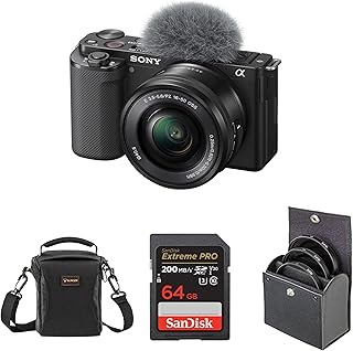Беззеркальная камера Sony ZV-E10 APS-C со сменными объективами для видеоблогинга, объектив 16-50 мм, черная — в комплекте с SD-картой на 64 ГБ, сумкой через плечо и набором фильтров 40,5 мм.