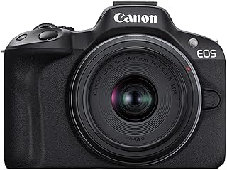 Беззеркальная камера Canon EOS R50, объектив RF-S18-45mm F4.5-6.3 is STM, 24,2-мегапиксельный CMOS-сенсор (APS-C), видео 4K, гибридная камера, фото и видеосъемка, видеоблогинг, создание контента, крепление RF, черный цвет.