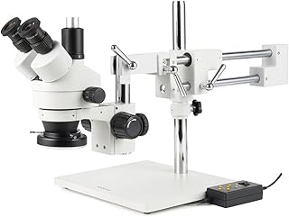 Профессиональный тринокулярный стереомикроскоп AmScope SM-4TZ-144A с зумом, окулярами WH10x, увеличением 3,5-90X, объективами с зумом 0,7-4,5X, четырехзонной светодиодной кольцевой подсветкой, двухрычажной штативной стойкой, напряжением 110-240 В, в комплекте линзы Барлоу 0,5X и 2,0X.