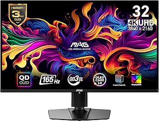 Компьютерный монитор MSI MAG 321UP QD-OLED 32 дюйма, разрешение 3840 x 2160 (UHD), частота обновления 165 Гц, Adaptive-Sync, HDMI, DisplayPort, VGA, крепление VESA, регулировка наклона и высоты, встроенные динамики, время отклика 0,03 мс, черный.