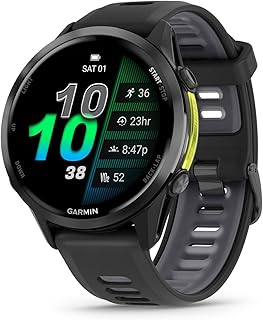 Garmin® Forerunner® 970, премиальные умные часы с GPS для бега и триатлона, AMOLED-дисплей, встроенный светодиодный фонарик, корпус из титана с DLC-покрытием цвета «карбон-серый» с черным корпусом и черным/полупрозрачным ремешком Whitestone.