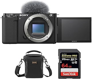 Беззеркальная фотокамера Sony ZV-E10, черный комплект с картой памяти SanDisk 64 ГБ и наплечным ремнем Slinger для переноски нескольких устройств.
