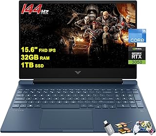 Игровой ноутбук HP Victus 15, 15,6-дюймовый FHD IPS-дисплей с антибликовым покрытием, 144 Гц, 8-ядерный процессор Intel i5-12450H (превосходит i7-11800H), 32 ГБ оперативной памяти, 1 ТБ SSD, видеокарта GeForce RTX 3050, подсветка, быстрая зарядка B&O, Windows 11, синий цвет, с аксессуарами ICP.