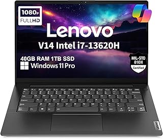 Ноутбук Lenovo V14 Gen 4 Business (14-дюймовый FHD-экран с антибликовым покрытием, 10-ядерный процессор Intel i7-13620H, 40 ГБ ОЗУ, 1 ТБ SSD), веб-камера с защитной шторкой, Ethernet, Wi-Fi 6, HDMI, Bluetooth, Windows 11 Pro с Copilot, черный