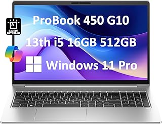 Ноутбук HP ProBook 450 G10 для бизнеса (15,6-дюймовый FHD-экран с антибликовым покрытием, 10-ядерный процессор Intel i5-1334U, 16 ГБ ОЗУ, 512 ГБ SSD (превосходит i7-1255U)), клавиатура с подсветкой, веб-камера, Ethernet, Wi-Fi 6E, Windows 11 Pro с AI Copilot, серебристый.
