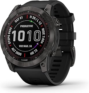 Garmin 010-02541-10 fenix 7X Sapphire, большие смарт-часы для приключений, возможность солнечной зарядки, прочные GPS-часы для активного отдыха, сенсорный экран, функции для отслеживания состояния здоровья, корпус из титана с DLC-покрытием цвета "карбон-серый" и черным ремешком.