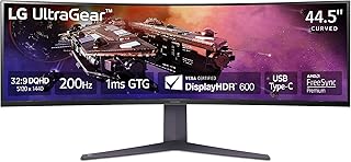 LG 45GR75DC-B Ultragear Изогнутый игровой монитор 45 дюймов, соотношение сторон 32:9, Dual QHD, время отклика 1 мс, частота обновления 200 Гц, VESA Display, HDR 600 с DCI-P3 95%, AMD FreeSync Premium Pro, улучшенный игровой интерфейс, DTS, HP:X, регулируемая в трех направлениях подставка — черный