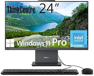 Моноблок Lenovo ThinkCentre, 24-дюймовый IPS-дисплей Full HD, 5-ядерный процессор Intel U300, 16 ГБ DDR5, SSD-накопитель 256 ГБ, Wi-Fi 6, USB-C, HDMI вход и выход, проводная клавиатура и мышь, Windows 11 Pro