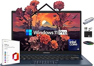 Ноутбук ASUS Vivobook 2025 — ультрапортативный бизнес-компьютер, 14-дюймовый FHD-дисплей, 24 ГБ ОЗУ, 1 ТБ памяти (512 ГБ SSD + 500 ГБ Ext), 6-ядерный Intel i3-1315U, аксессуары Marxsol, Windows 11 Pro, пожизненная подписка на Office 2024.