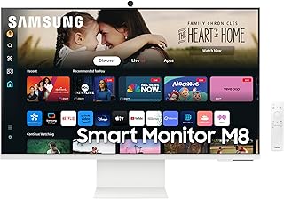 32-дюймовый смарт-монитор SAMSUNG серии M8 (M80D) с разрешением 4K UHD, поддержкой потокового телевидения, динамиками, поддержкой HDR10+, масштабированием изображения с помощью ИИ, портом USB-C, эргономичной подставкой, камерой SlimFit и игровым центром, LS32DM801UNXZA, 2024