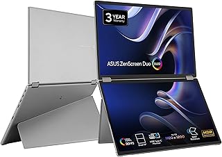 Портативный OLED-монитор ASUS ZenScreen Duo с поворотом на 360° (MQ149CD) — два 14-дюймовых экрана, соотношение сторон 16:10, разрешение 1920x1200, DisplayHDR400 True Black, 100% DCI-P3, Delta<2, два порта USB-C, Mini-HDMI, подставка, 3-летняя гарантия.