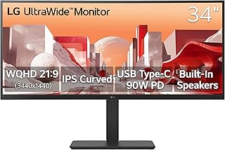 LG 34U65ZA-B Ультраширокоформатный 34-дюймовый изогнутый монитор с радиусом кривизны 3800R, разрешением QHD (3440 x 1440), IPS-матрицей, встроенным блоком питания, радиусом кривизны 3800R, поддержкой HDR10, HDMI, DisplayPort, USB Type-C, питанием 90 Вт, встроенными динамиками, регулируемой по наклону/высоте/поворотной подставкой, черный