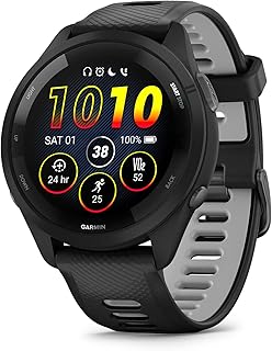Умные беговые часы Garmin Forerunner 265, цветной AMOLED-дисплей, показатели тренировок и информация о восстановлении, черный и светло-серый цвета.