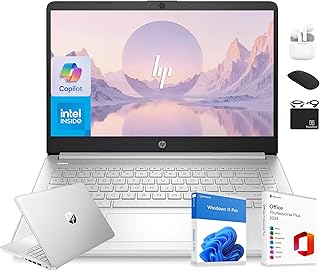 Ноутбук HP 14” Flagship 2025 с поддержкой ИИ, офисный, пожизненный, для студентов и бизнеса, 4-ядерный процессор Intel, 16 ГБ ОЗУ, 628 ГБ памяти (128 ГБ UFS + 500 ГБ расширенный), длительное время автономной работы. Аксессуар Hubxcel, Windows 11 Pro, серебристый цвет.
