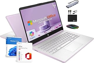 Ноутбук HP 14" 2025 Business Student Slim Computer, пожизненная гарантия на MS Office, Copilot AI, четырехъядерный процессор Intel, 16 ГБ ОЗУ, 628 ГБ памяти (128 ГБ UFS + 500 ГБ расширение), аксессуары Marxsol, Wi-Fi 6, Windows 11 Pro, цвет лавандовый.