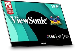 Портативный OLED-монитор ViewSonic VX1655-4K-OLED с диагональю 15,6 дюймов, разрешением 4K UHD, двухканальным питанием 60 Вт, разъемом USB-C, разъемом Mini HDMI, двумя динамиками и встроенной подставкой с магнитной крышкой.