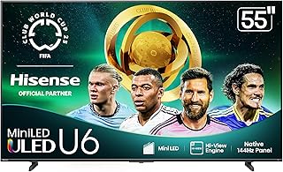Телевизор Hisense 55" Class U6 Series Mini-LED 4K UHD Smart Fire TV (55U65QF, модель 2025 года) - QLED, нативная частота обновления 144 Гц, HDR10+, Dolby Vision IQ, Dolby Atmos, Game Mode Pro, ALLM, встроенная Alexa, черный