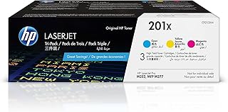 Высокопроизводительные картриджи с тонером HP 201X голубого, пурпурного и желтого цветов (3 шт.) | Совместимы с принтерами HP Color LaserJet Pro M252, HP Color LaserJet Pro MFP M277 Series | CF253XM