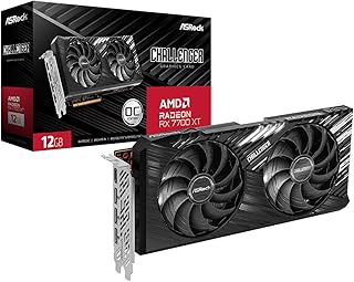 Видеокарта ASRock AMD Radeon RX 7700 XT Challenger 12 ГБ GDDR6 192-бит, бесшумное охлаждение 0 дБ, разрешение 7680 x 4320, DisplayPort, HDMI, светодиодный индикатор, 18 Гбит/с, двухвентиляторная система охлаждения.