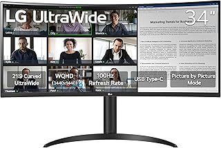 LG 34WR55QK-B 34-дюймовый сверхширокоформатный изогнутый монитор WQHD (3440 x 1440), 100 Гц, 5 мс, HDR10, режим чтения, HDMI, DisplayPort, USB Type-C, регулируемая по высоте и наклону подставка, черный