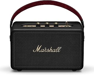 Портативная беспроводная Bluetooth-колонка Marshall Kilburn III премиум-класса с защитой от воды, более 50 часов воспроизведения, черный и латунный цвета.