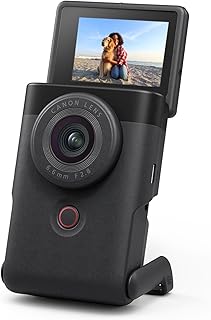 Фотоаппарат Canon PowerShot V10, компактная камера для видеоблогинга и создания контента, с фиксированным широкоугольным объективом 19 мм, записью видео 4K, распознаванием лиц, встроенным микрофоном, возможностью прямой трансляции и встроенной подставкой, черный.