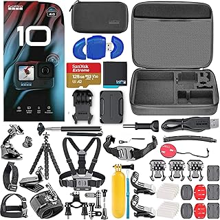 GoPro HERO10 Black - водонепроницаемая экшн-камера 5.3K HD с разрешением 23 МП для фотосъемки и прямой трансляции + комплект с картой памяти 128 ГБ (59 предметов)
