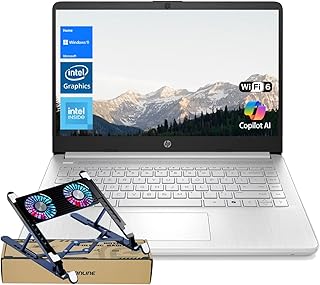 Ноутбук HP Premium 14" HD, Copilot AI, Intel N150, 8 ГБ ОЗУ, 128 ГБ eMMC, устройство чтения SD-карт, веб-камера, HDMI, Wi-Fi 6, Windows 11 Home, серебристый, в комплекте с радиатором и кулером для ноутбука PCO Notebook Fold.