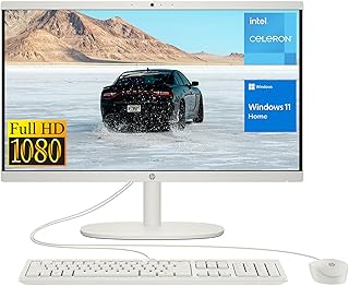Моноблок HP 2022 года, 21,5-дюймовый Full HD дисплей, процессор Intel Celeron J4025, 8 ГБ ОЗУ, твердотельный накопитель PCIe 256 ГБ, веб-камера, Wi-Fi, HDMI, RJ-45, проводная клавиатура и мышь, Windows 11 Home, белый цвет.