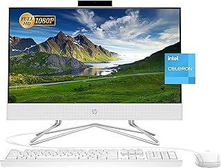 Моноблок HP 2022 года, 21,5-дюймовый Full HD дисплей, процессор Intel Celeron J4025, 16 ГБ ОЗУ, твердотельный накопитель PCIe SSD на 512 ГБ, веб-камера, HDMI, RJ-45, проводная клавиатура и мышь, Wi-Fi, Windows 11 Home, белый цвет.