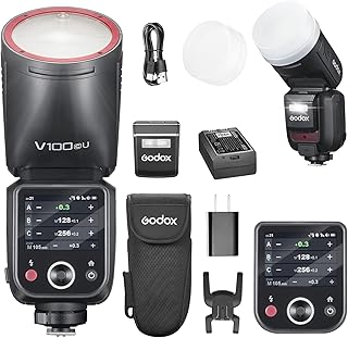 Вспышка GODOX V100C USA V100-C U 100 Вт с круглой головкой и сенсорным экраном для Canon, беспроводная (2,4 ГГц), с возможностью подключения внешнего выключателя и глобальной синхронизацией затвора 1/80000 с, встроенный литиевый аккумулятор (версия для США).