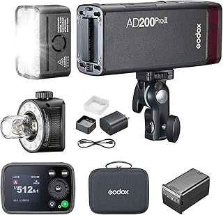 Комплект портативной вспышки Godox AD200 Pro II TTL HSS, 2,4 ГГц, 200 Вт·с, 500 вспышек на полной мощности, время перезарядки 0,01–1,8 с, аккумулятор 2980 мАч, модернизированная лампа без корпуса и линзовая головка Speedlite Fresnel.