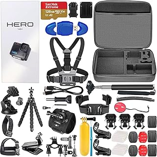 Водонепроницаемая экшн-камера GoPro Hero Compact с разрешением 4K, 12-мегапиксельной камерой, стабилизацией изображения, картой памяти 128 ГБ, кардридером и комплектом из 50 аксессуаров.