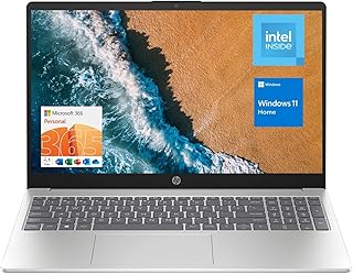 Портативный ноутбук HP 15,6" (включая 1 год Microsoft 365), HD-дисплей, четырехъядерный процессор Intel N200, 16 ГБ ОЗУ, 128 ГБ памяти, Wi-Fi 6, веб-камера, HDMI, цифровая клавиатура, Windows 11 Home, серебристый цвет.