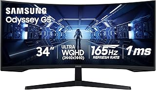 Игровой ультраширокоформатный монитор Samsung Odyssey G5 34 дюйма с изогнутым экраном 1000R, частотой обновления 165 Гц, временем отклика 1 мс, технологией FreeSync Premium, большим экраном, защитой глаз, множеством портов, разрешением WQHD, модель LC34G55TWWNXZA, черный.