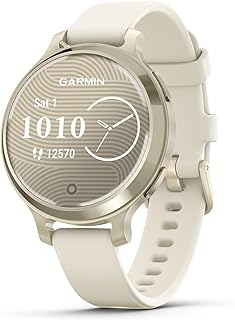 Garmin Lily® 2 Active: компактные и стильные смарт-часы со встроенным GPS, скрытым дисплеем, линзой с рисунком, до 9 дней автономной работы, цвет «лунное золото» с силиконовым ремешком цвета «кость».