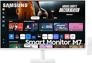32-дюймовый смарт-монитор SAMSUNG серии M7 (M70D) с разрешением 4K UHD, поддержкой потокового телевидения, динамиками, поддержкой HDR10, портом USB-C, несколькими портами, игровым хабом, пультом дистанционного управления SolarCell, средствами обеспечения доступности для людей с нарушениями зрения, LS32DM703UNXZA, 2024, белый.