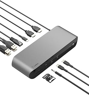 Док-станция Belkin Thunderbolt 4 с поддержкой питания 90 Вт для MacBook и Windows — 8K/два 4K дисплея, кабель Thunderbolt 4, HDMI, Ethernet, SD-карты и аудиопорты, серый цвет.