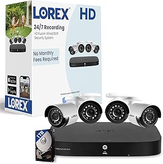 Система видеонаблюдения Lorex HD с видеорегистратором на 1 ТБ – 8-канальная система домашней безопасности с 4 аналоговыми цилиндрическими камерами – интеллектуальное обнаружение движения, ИК-ночное видение дальнего действия, защита от атмосферных воздействий.